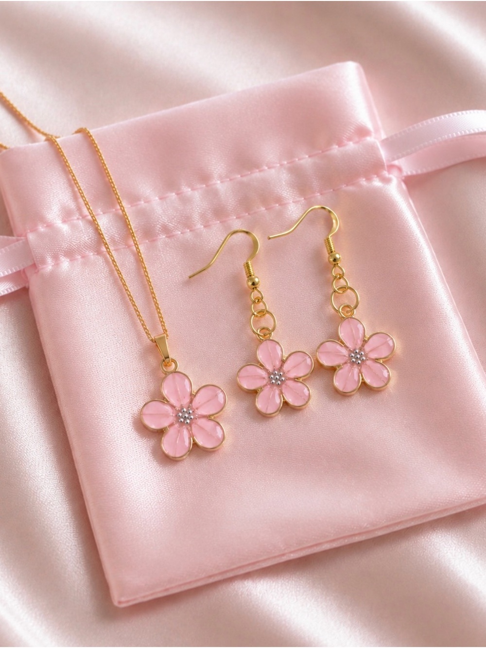 Gold-Plated Pink Flower Pendant Necklace with Matching Earrings